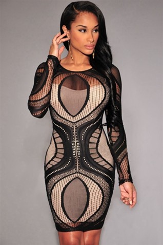 Black-Lace-Nude-Illusion-Long-Sleeves-Bodycon-Dress-LC22136-2