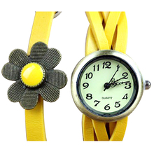 Women s Girl s Trendy Sunflower Decoration Multilayer Weave Leather Belt Bracelet Analog Quartz Movement Wrist
