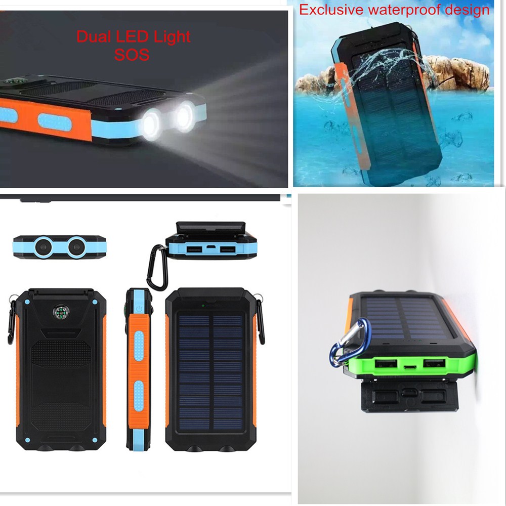 New 10000Mah Waterproof Solar Charger 2 LED Llight 2 Ports Power Bank Portable Powerbank Charger For IPhone Samsung With Compass New 10000Mah Waterproof Solar Charger 2 LED Llight 2 Ports Power Bank Portable Powerbank Charger For IPhone Samsung With Compass