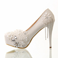 2016 single Rhinestone shoes women pumps white lace flower non slip high heeled crystal shoes platform