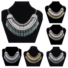 2015 Fashion choker Bohemian Statement necklace pendants Vintage Coin gypsy Ethnic Silver Maxi Necklace Women fine