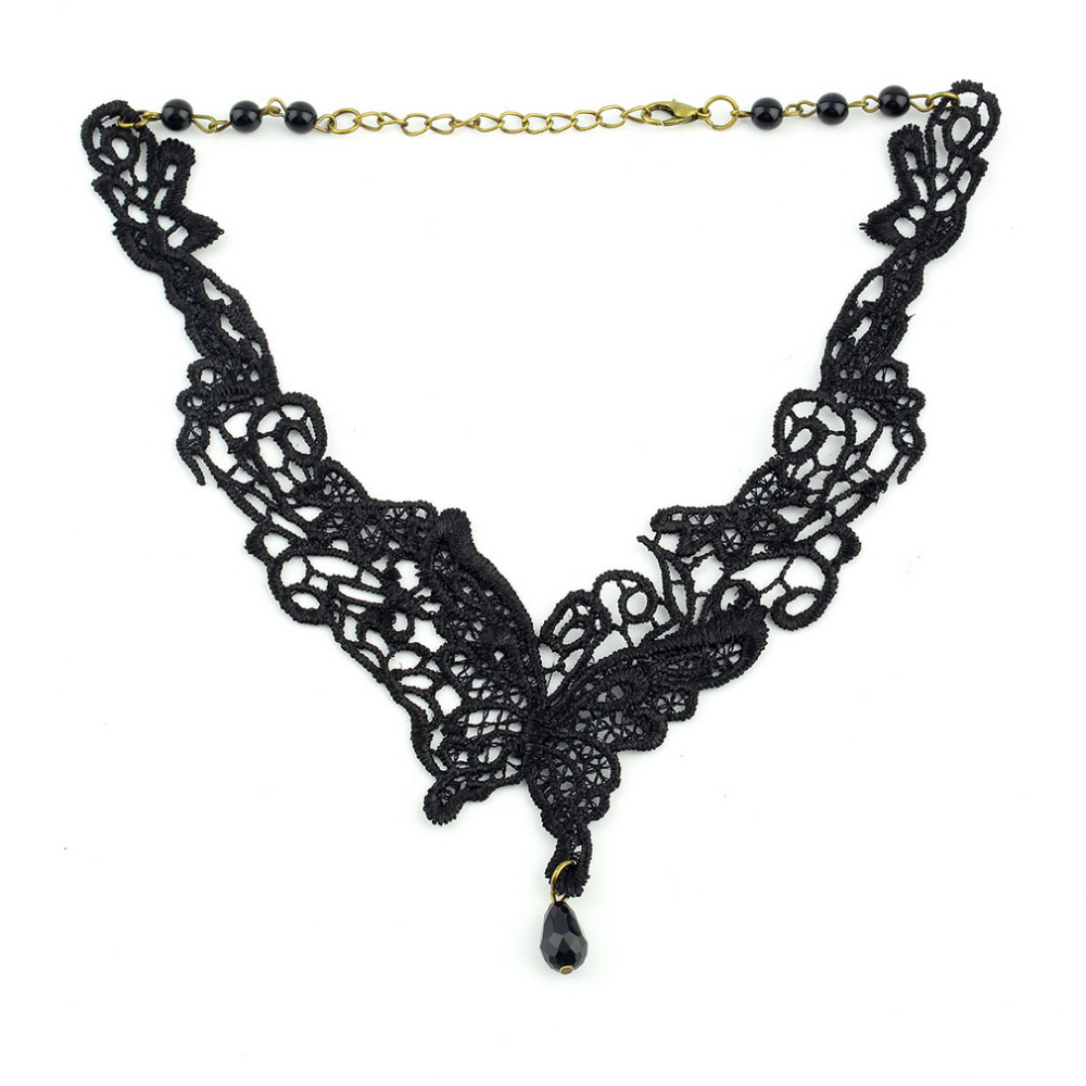 women Fashion Stylish Hot Sexy Women Black Lace Butterfly crystal Beads Pendant Necklace Lace Butterfly Wing
