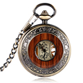 Retro Luxury Wood Circle Skeleton Pocket Watch Men Women Unisex Mechanical Hand winding Roman numerals Necklace
