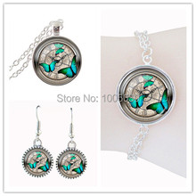 new arrival Steampunk clock Turquoise butterfly dubai jewelry sets clock art photo zinc alloy fashion costume jewelryset
