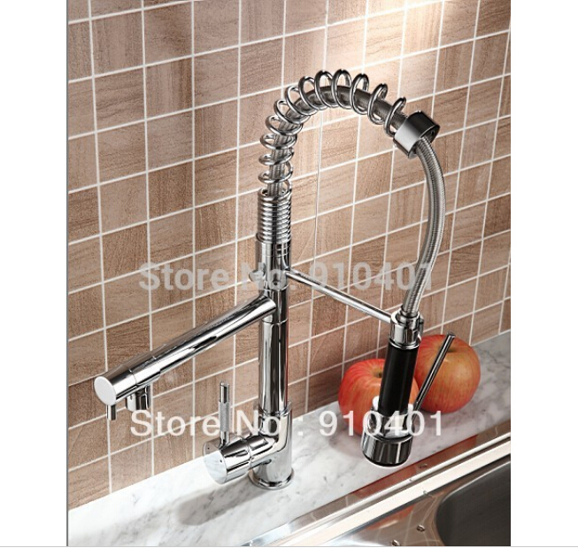 Cheaper Promotion Dual Spout Spring Pull Down Kitchen Sink Faucet Chrome Finish with Hot and Cold Water