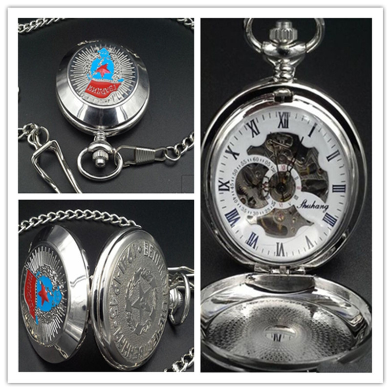 New hot Russian military Pocket Watch Silver mechanical Pocket watch Roman numerals Men Pocket watch Wholesale