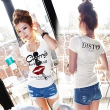 Women Summer Fashion T-shirt Scoop Neck Letters and Red Lips Print Short Sleeve T-shirt Women Sexy Tight Tee Free Shipping