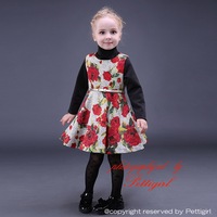 2015 New Design Girls Red Rose Flower Print Sleeveless Pleated Dresses With Belt Retail Children Outfits GD80928-6