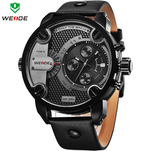 2015 nueva moda WEIDE Luxury Brand cuero genuino correa de reloj de cuarzo hombres relojes del deporte impermeable militar de gran tamaño de reloj