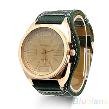 High quality Fashion Women Unisex Golden Stainless Steel Quartz Faux Leather Wrist Watch 1F5B