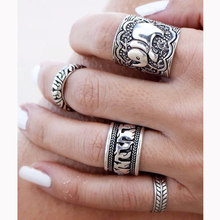 4PCS Vintage Punk Ring Set Unique Carved Antique Silver Elephant Totem Leaf Lucky Rings for Women Boho Beach Jewelry