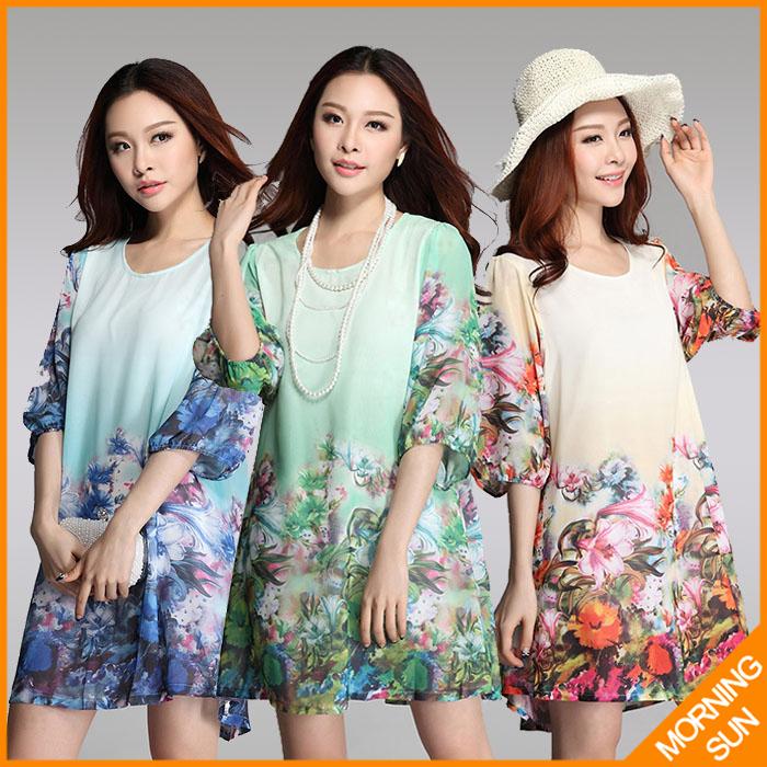 new 2014 women summer casual korean boho flowers floral print half sleeve big large size XXL XXXL short beach tunic dress #087
