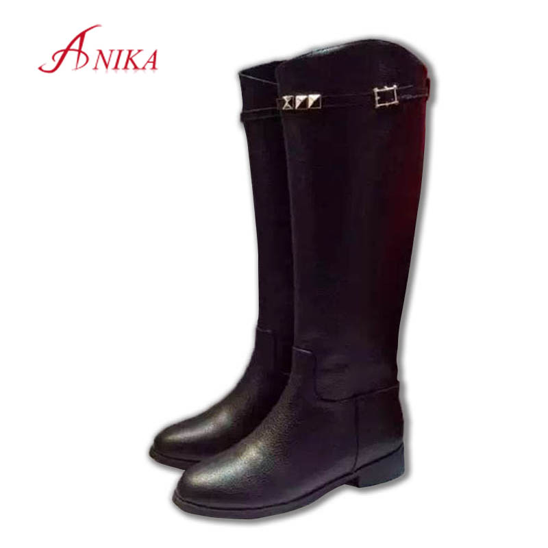 2015 Winter Brand Rivet Women Black Red Genuine Leather Knee-high Boots High Quality Knight Riding Boots ladys Female Shoes