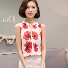 Blusas Femininas 2016 New Fashion Women’s Floral Print V Neck Summer Chiffon Blouses Shirt Cute Sleeveless Shirts Casual Top