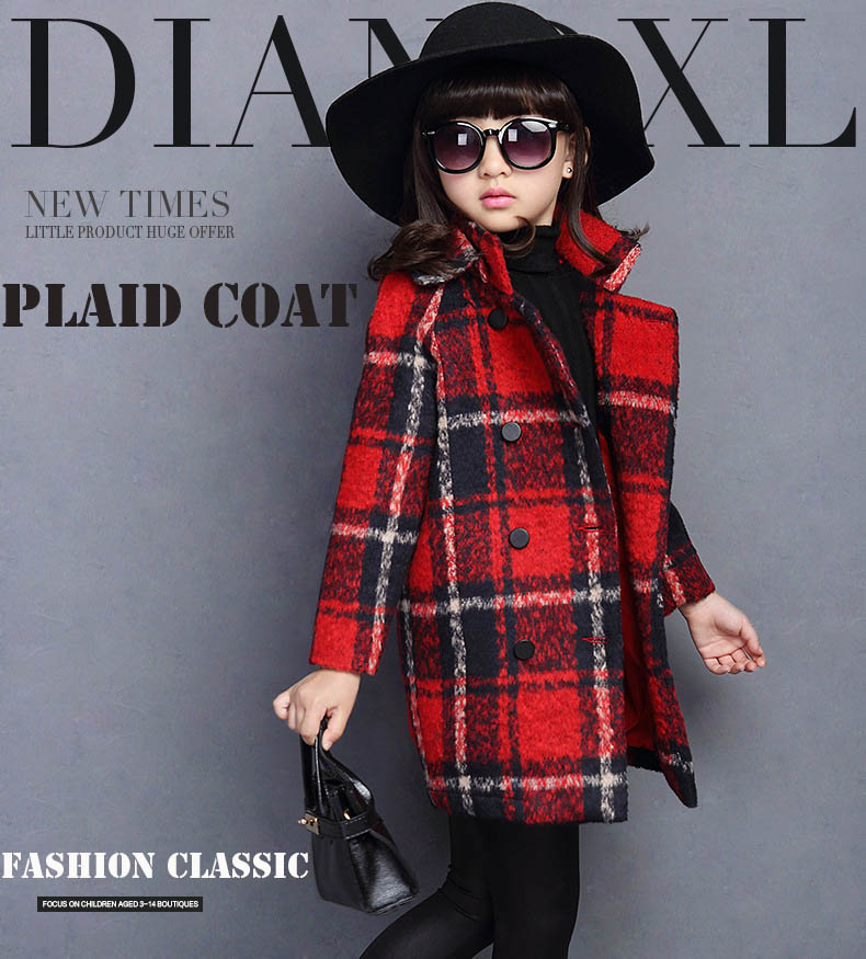 Girls Clothes Wool Plaid Autumn Winter Coats Children Clothing Overcoat Jacket Girls Outerwear 3-15 Years Kids Clothes for Girls