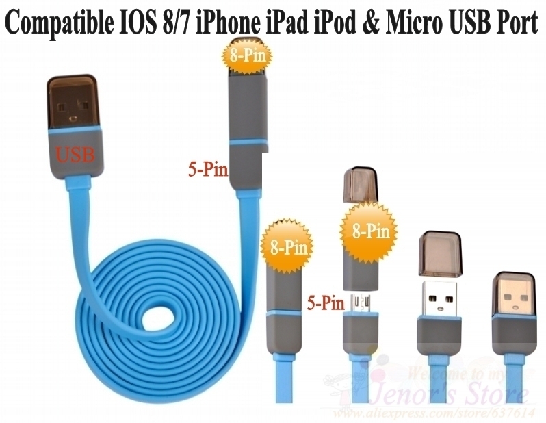 2 in 1 Flat 8pin Micro USB Charger Data Sync Cable For IOS 8/7 iPhone iPad SAMSUNG HTC Nokia LG 5pin Cellphone Tablet PC, 500pcs