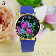 Women s Rose Flower Dial Faux Leather Strap Quartz Analog Casual Wrist Watch 01LB 48M5