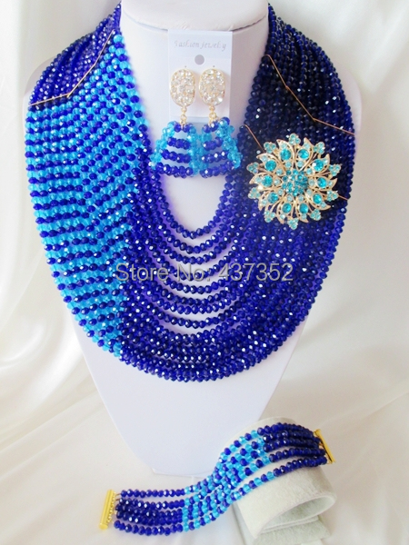Luxury 15 layers Royal blue African Nigerian Wedding Beads Jewelry Set Bridal Jewelry Sets Free Shipping CPS-3175