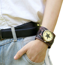 Excellent Quality 2016 Retro Luxury Stylish New Style Punk Rock Brown Big Wide Leather Bracelet Cuff Men Watch Cool Man Watches