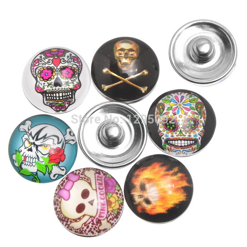 60Pcs Mixed Skull Glass Cabochon 18mm Snap Buttons Fit Bracelets Jewelry Making Charms Wholesale 18mm