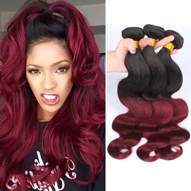 Malaysian virgin hair body wave Ombre hair extensions 3PCS two tone color 1b/99j Malaysian burgundy hair 5A Free Shipping
