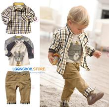 New baby boy Clothing set 3 pcs suits t-shirt+plaid overshirt+pants Autumn Spring children wearing clothes casual set kids suit