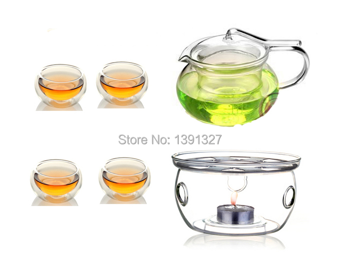 Sale Glass CLear Teapot Tea Set Manually Blow molded Warmer 6 Double Wall Cups 10 Candles