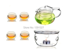 Sale !Glass CLear Teapot Tea Set Manually Blow-molded  Warmer+6 Double Wall Cups+10 Candles