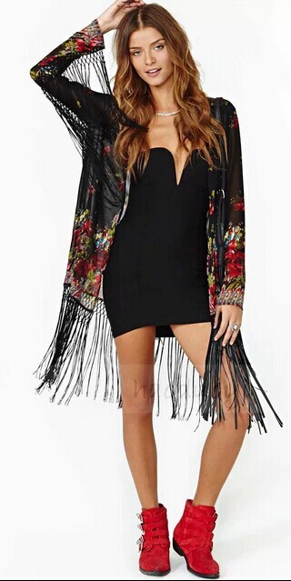 Blusas femininas мода длинные шифон блузка с открытой спиной черный кимоно кардиганы для женщин цветочные принты рубашки свободно бахрома блузка