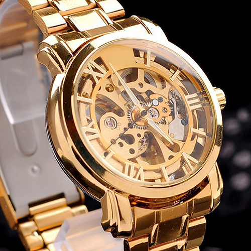2015 Hot Mens Retro Roman Numerals Hollow Skeleton Golden Tone Wristwatch Mechanical Watch 