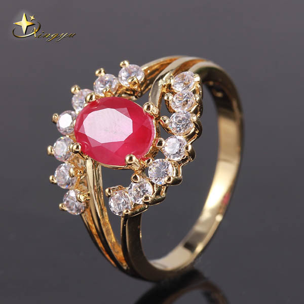Copper 18k Gold Plated Red Ruby White cz Diamond o Finger Rings for Women 2014 Fashion