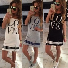 Summer Style Casual Fashion Women Letter Print O Neck Short Sleeve Zipper Long above Summer knee dress Tops Blouse