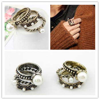 Hot Selling Fashion Retro Pearl Flower Three Piece Mix Index Finger Ring Accessories for Women Wholesale