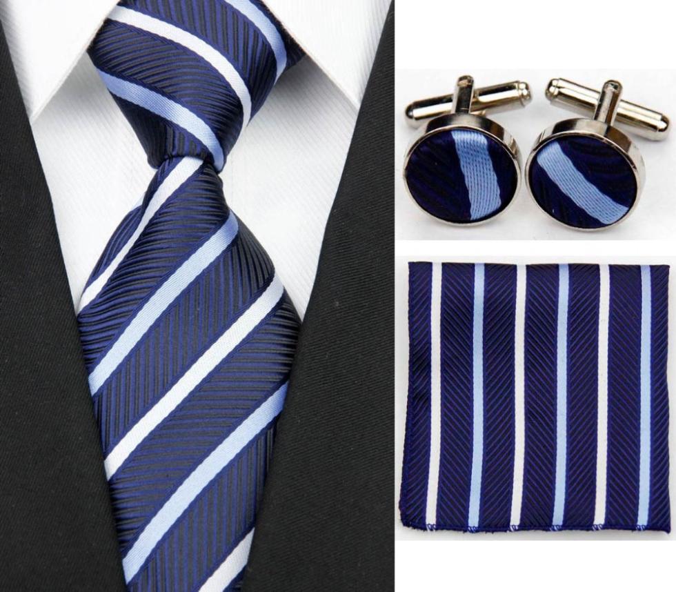 SNT0138 2014 New Fashion Striped Blue Neck Tie Set Neckties Cufflinks Handkerchiefs Business Wedding Tie