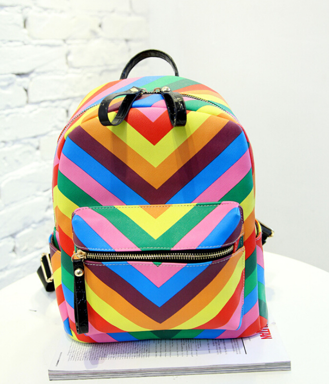 2015 Fashion Women Leather Backpacks Rainbow Shoul...