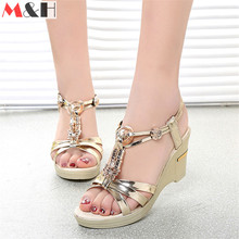 M&H summer 2016 Bohemia gladiator sandals women platform sandals gold Open Toe high heels rhinestone sandalias mujer plataforma