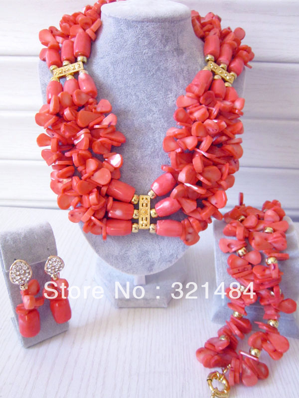 New Pink Coral Beads Jewelry Set Handmade African Wedding Jewelry Necklace Bracelet And Clip Earrings CJS-055