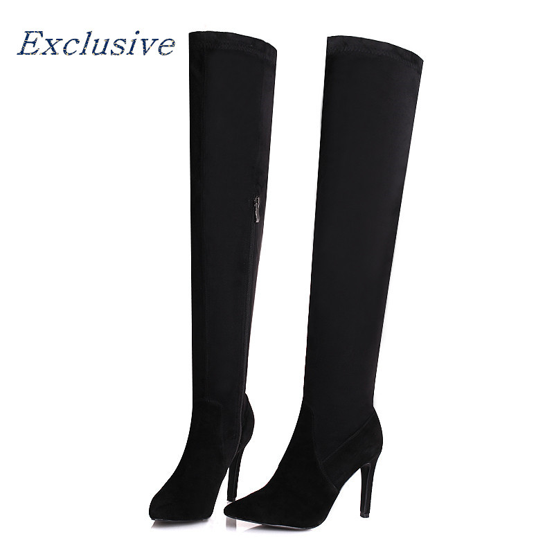 Spike Heels Knee Boots Winter Short Plush Nubuck Leather Pointed Toe Long Boots High Quality Sheepskin Spike Heels Knee Boots