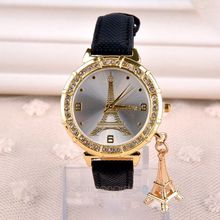 Women PU Leather Band Quartz Wrist Watch with Tower Style Rhinestones Tower Ornament MPJ629