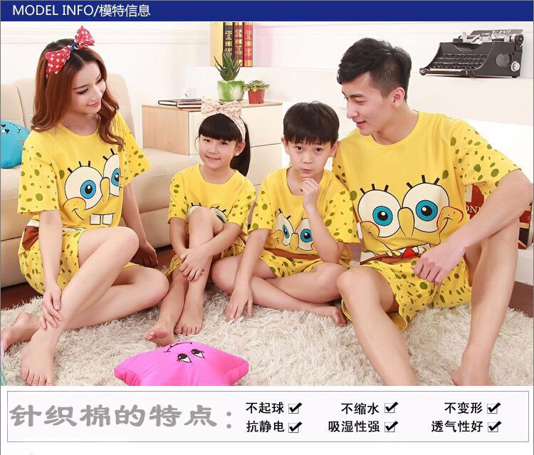 1 Matching Family Clothes Cartoon SpongeBob T-shirt+Short Pants Loose Family Set Clothes Mother Daughter Dad Son Matching Clothes