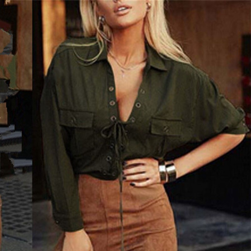 ZANZEA 2018 Women Chiffon Blouse Summer Blusa Turn Down Collar Sexy Deep V Front Lace Up Long Sleeve Shirt Casual Tops Plus Size aeProduct.getSubject()