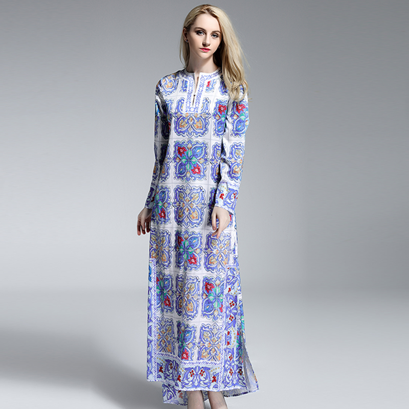 Runway Dress New 2016 Fashion Summer Women V-Neck Full Sleeve Elegant Blue And White Print Ankle-Length Dovetail Loose Dress
