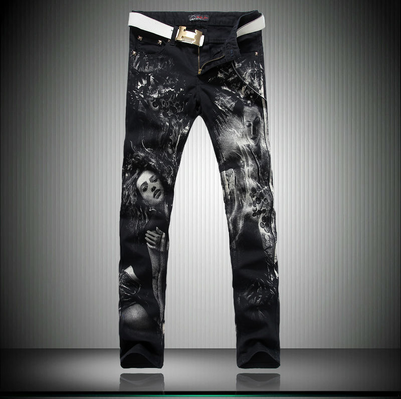 Men`s print jeans male slim tiger colored drawing ...