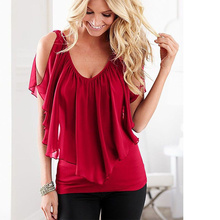 2016Stylish Summer Women’s Femininas Chiffon Shirt Tops Off Shoulder Strap V-neck Solid Color Frills Double Layer Blouse Blusas