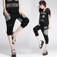 2015 summer new European and American punk style harem pants big yards spell color loose casual pants pocket stretch pant