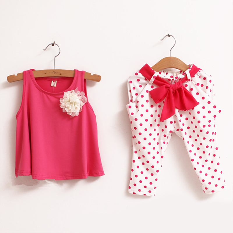 Summer style children flower female vest polka dot girl shirts Bowknot harem pants twinset Children s