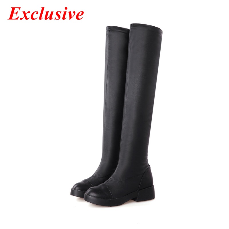 Square Heel High Boots 2015 Slip-On long Boots Winter Short Plush Woman Shoe Black White Brown Low-heeled Square Heel High Boots