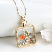  Dry Flowers Collares Transparent Glass Square Pendant Necklace Long Gold Chain Statement Necklace Summer Vintage