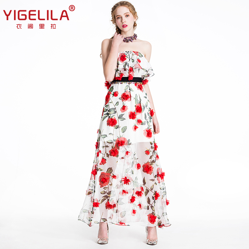 YIGELILA Brand 61497 Latest New Women Handmade Floral Embroidery Strapless Beach Long Dress