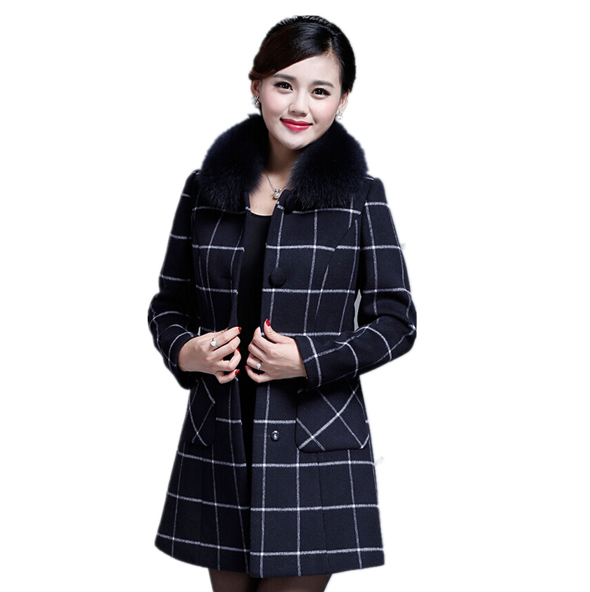 2015 Winter New Women Plaid Wool Coat Temperament Luxury Long Sleeve Single Breasted Slim Woolen Winter Coat Coats